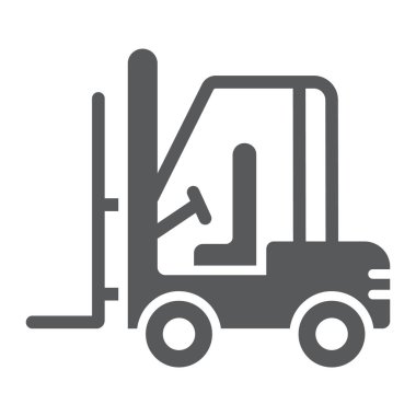 Forklift glif simgesi, otomobil ve kargo, kamyon işareti, vektör grafikleri, beyaz zemin üzerinde sağlam bir desen.