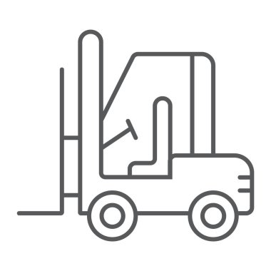 Forklift ince çizgi simgesi, otomobil ve kargo, kamyon işareti, vektör grafikleri, Doğrusal model beyaz bir arka plan üzerinde.