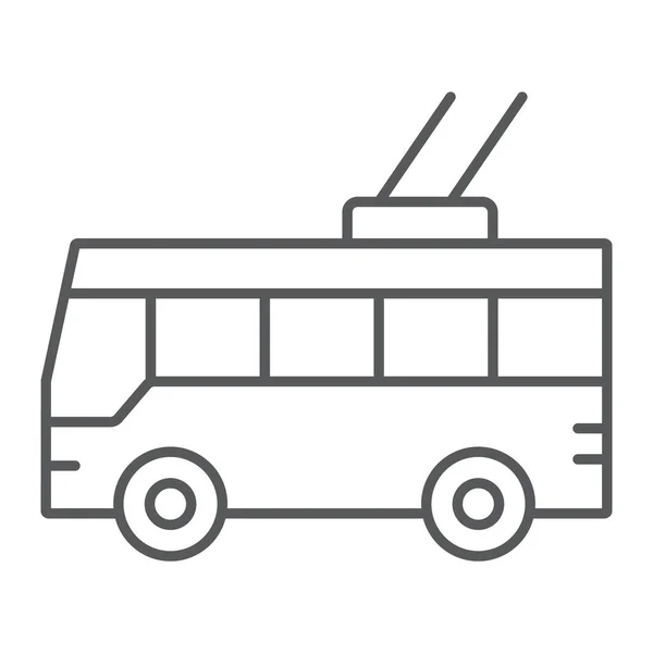 トロリーバス細い線アイコン、交通機関、公共、交通標識、ベクトル グラフィックス、白い背景の上の線形パターン. — ストックベクタ
