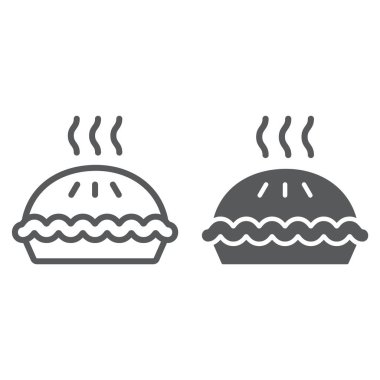 Pasta satır ve karakter simgesi, pasta ve yemek, pasta işareti, vektör grafikleri, Doğrusal model beyaz bir arka plan üzerinde.
