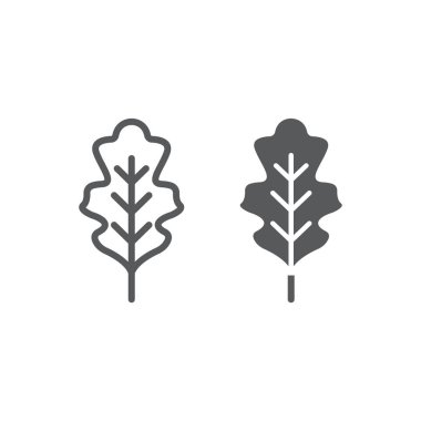 Meşe yaprağı satır ve karakter simgesi, Doğa ve botanik, yeşillik işareti, vektör grafikleri, Doğrusal model beyaz bir arka plan üzerinde.