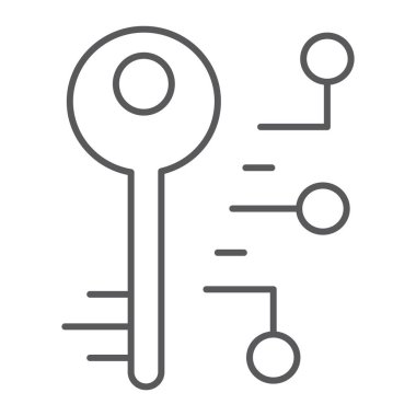 Dijital anahtar ince çizgi simgesi, güvenliği ve emniyeti, anahtar işareti, vektör grafikleri, Doğrusal model beyaz bir arka plan üzerinde.