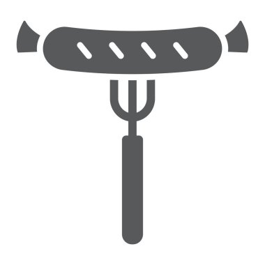 Izgara sosis glif simgesi, Barbekü ve gıda, sosis çatal üye, vektör grafikleri, beyaz zemin üzerinde sağlam bir desen.