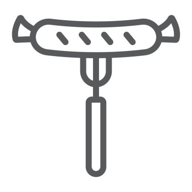 Izgara sosis satırı simgesi, Barbekü ve gıda, sosis çatal üye, vektör grafikleri, Doğrusal model beyaz bir arka plan üzerinde.