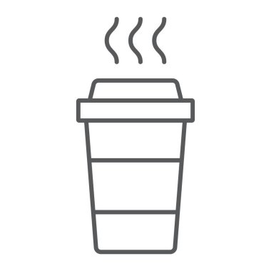 Kahve ince çizgi simgesi, kafein ve içki, tek kullanımlık Kupası işareti, vektör grafikleri, Doğrusal model beyaz bir arka plan üzerinde.