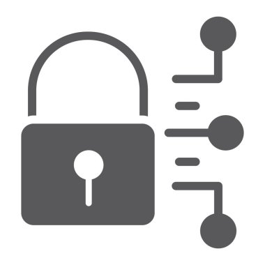 Siber güvenlik glif simgesi, koruma ve güvenlik, dijital asma kilit işareti, vektör grafikleri, sağlam bir desen