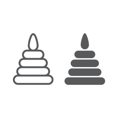 Oyuncak piramit satır ve karakter simgesi, çocuk ve oyun, kule işareti, vektör grafikleri, Doğrusal model beyaz bir arka plan üzerinde.