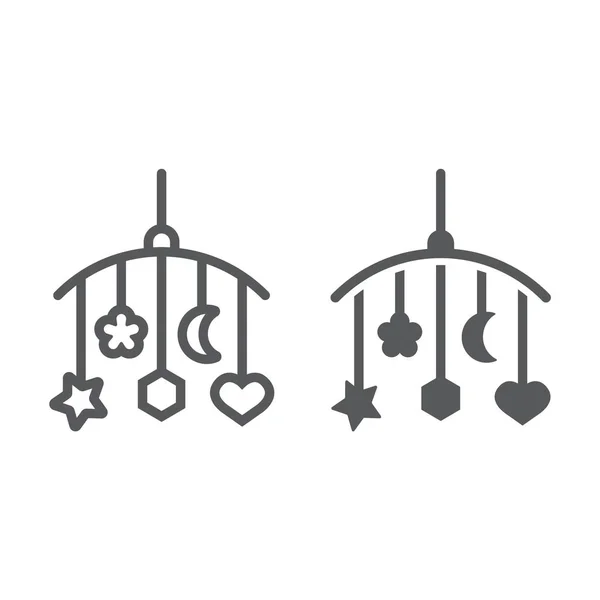 Ligne de jouets suspendus et icône de glyphe, enfant et lit, signe de berceau, graphiques vectoriels, un motif linéaire sur un fond blanc . — Image vectorielle