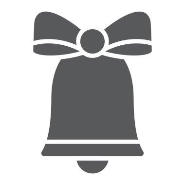 Noel zil glif simgesini, xmas ve tasarım, handbell işareti, vektör grafikleri, beyaz zemin üzerinde sağlam bir desen.