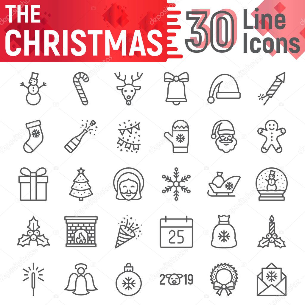 Christmas line icon set, new year symbols collection, vector sketches, logo illustrations, xmas signs linear pictograms package isolated on white background, eps 10.