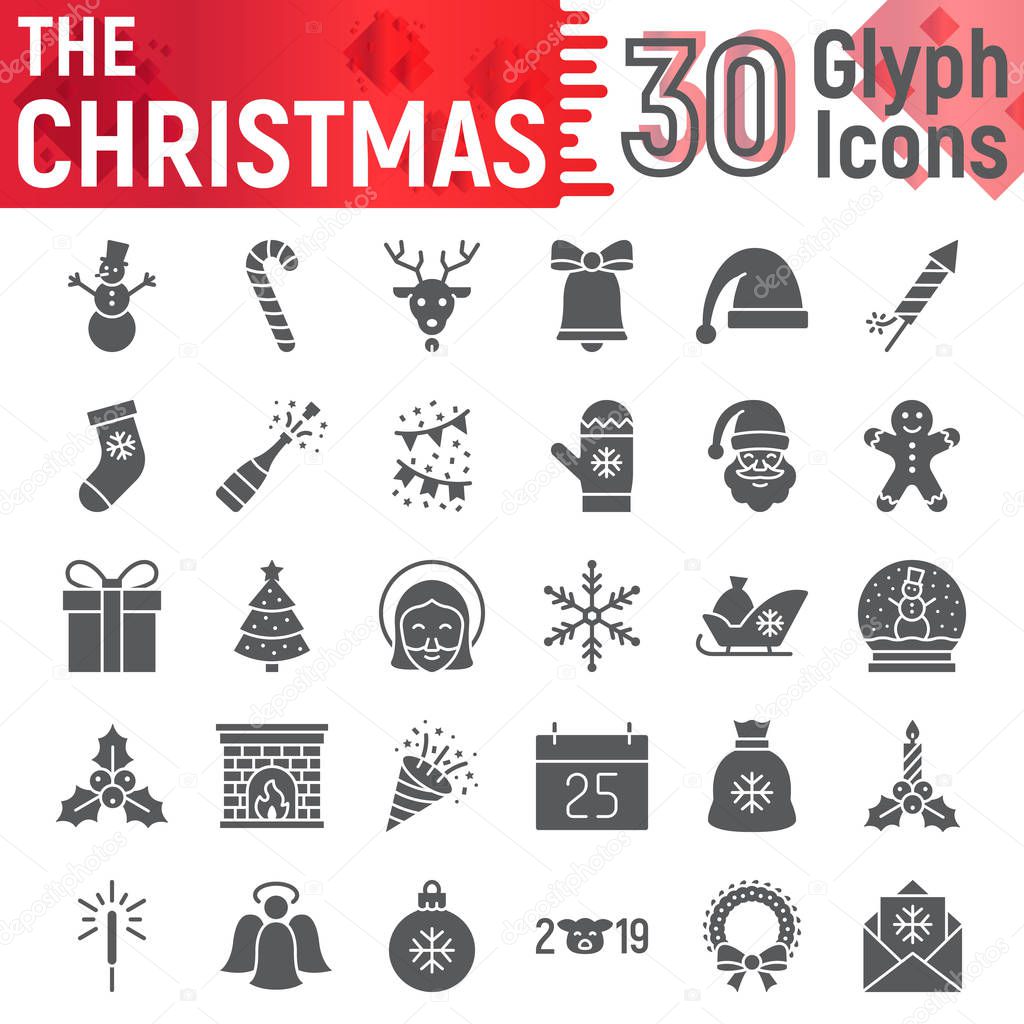 Christmas glyph icon set, new year symbols collection, vector sketches, logo illustrations, xmas signs solid pictograms package isolated on white background, eps 10.