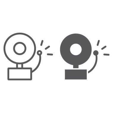 Yangın alarm hattı ve glif simgesi, acil durum ve uyarı, işareti, vektör grafikleri, Doğrusal model beyaz bir arka plan üzerinde çan.