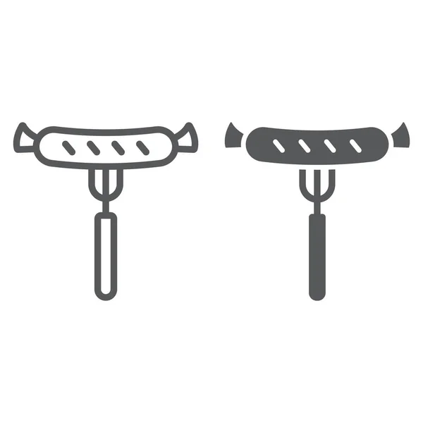 Grillwurstlinie und Glyphen-Symbol, Grill und Essen, Wurst auf Gabelschild, Vektorgrafik, ein lineares Muster auf weißem Hintergrund. — Stockvektor