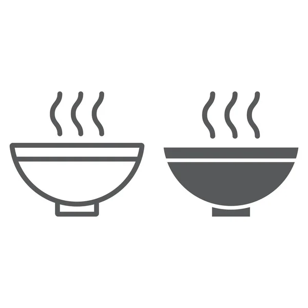 Garis sup dan ikon glif, makanan dan makanan, mangkok sup panas, grafik vektor, pola linear pada latar belakang putih . - Stok Vektor