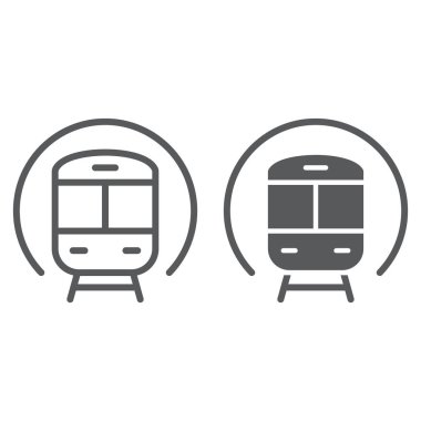Tren hattı ve glif simgesi, demiryolu ve seyahat, Metro işareti, vektör grafikleri, Doğrusal model beyaz bir arka plan üzerinde.