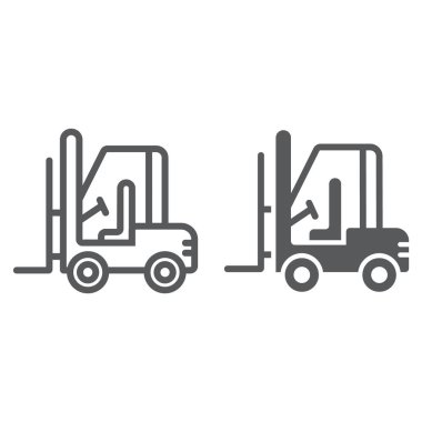 Forklift satır ve karakter simgesi, otomobil ve kargo, kamyon işareti, vektör grafikleri, Doğrusal model beyaz bir arka plan üzerinde.