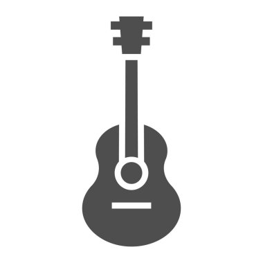 Akustik gitar glif simgesi, müzik ve dize, araç işareti, vektör grafikleri, beyaz zemin üzerinde sağlam bir desen.