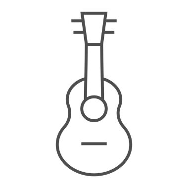 Ukulele ince çizgi simgesi, müzik ve dize, gitar işareti, vektör grafikleri, Doğrusal model beyaz bir arka plan üzerinde.