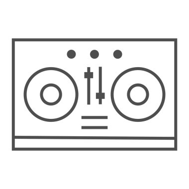 DJ Mikser ince çizgi simgesi, müzik ve ses, pikap işareti, vektör grafikleri, Doğrusal model beyaz bir arka plan üzerinde.