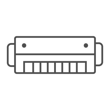 Mızıka ince çizgi simgesi, müzik ve blues, araç işareti, vektör grafikleri, Doğrusal model beyaz bir arka plan üzerinde.