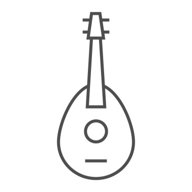 Mandolin ince çizgi simgesi, müzikal ve vektör grafikleri, Doğrusal model beyaz bir arka plan üzerinde dize, gitar işareti,.