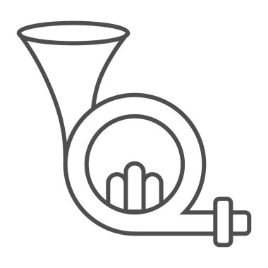 Fransız kornosu ince çizgi simgesi, müzikal ve vektör grafikleri, Doğrusal model beyaz bir arka planda enstrüman, aerophone işareti,.