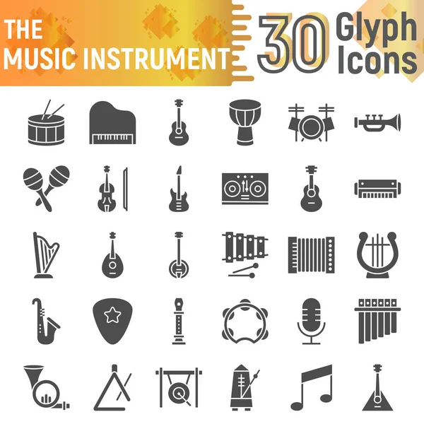 Musik instrument glyph Ikonuppsättning, musikaliska symboler samling, vektor skisser, logotypen illustrationer, ljud tecken fast piktogram paketet isolerad på vit bakgrund. — Stock vektor