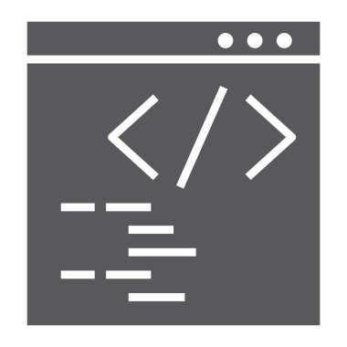 Programlama glif simgesi, Web sitesi ve geliştirme, tarayıcı işareti, vektör grafikleri, beyaz zemin üzerinde sağlam bir desen.