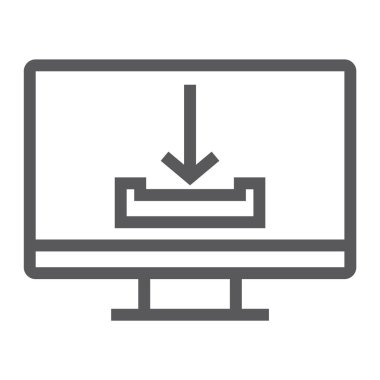 Satırı simgesi, bilgisayar ve İndiriyor, ok işareti, vektör grafikleri, Doğrusal model beyaz bir arka plan üzerinde download.