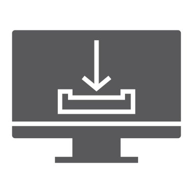 İndir glif simgesi, bilgisayar ve İndiriyor, ok işareti, vektör grafikleri, beyaz zemin üzerinde sağlam bir desen.