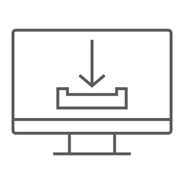 İnce çizgi simgesi, bilgisayar ve İndiriyor, ok işareti, vektör grafikleri, Doğrusal model beyaz bir arka plan üzerinde download.