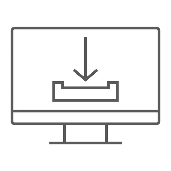 下载细线图标, 计算机和下载, 箭头符号, 矢量图形, 在白色背景上的线性图案. — 图库矢量图片