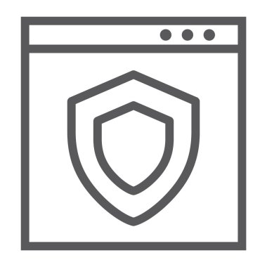 Internet güvenlik satırı simgesi, güvenlik ve ağ, kalkan işareti, vektör grafikleri, Doğrusal model beyaz bir arka plan üzerinde.