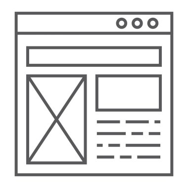 Düzen ince çizgi simgesi, Web sitesi ve tasarım, şablonu penceresi işareti, vektör grafikleri, Doğrusal model beyaz bir arka plan üzerinde