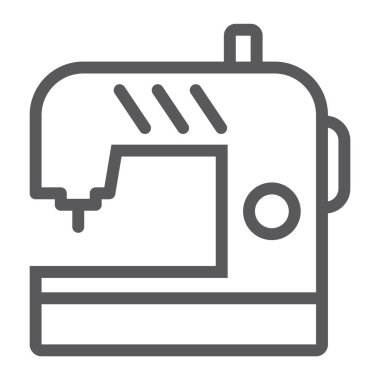 Dikiş makinesi satırı simgesi, elektrik ve tekstil, ev işareti, vektör grafikleri, Doğrusal model beyaz bir arka plan üzerinde.