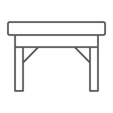 Masa ince çizgi simgesi, mobilya ve ev, Danışma işareti, vektör grafikleri, Doğrusal model beyaz bir arka plan üzerinde.