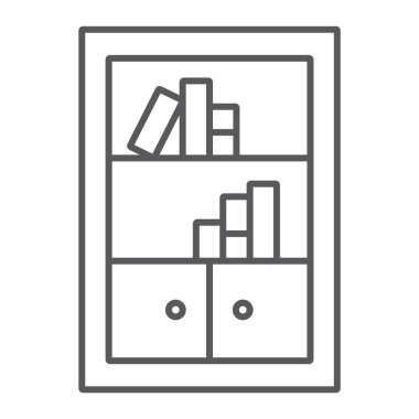 Kitaplık ince çizgi simgesi, mobilya ve raf, kitaplık işareti, vektör grafikleri, Doğrusal model beyaz bir arka plan üzerinde.