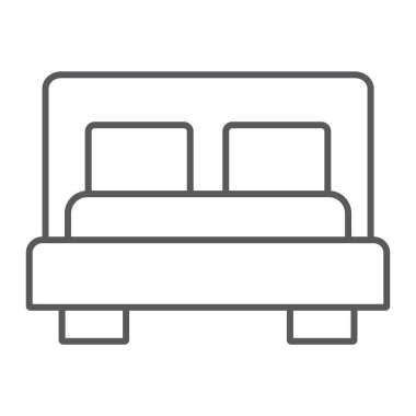 İnce çizgi simgesi, mobilya ve otel, yatak odası işareti, vektör grafikleri, Doğrusal model beyaz bir arka plan üzerinde yatak.