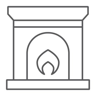 Şömine ince çizgi simgesi, ev ve iç, yangın işareti, vektör grafikleri, Doğrusal model beyaz bir arka plan üzerinde.