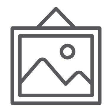 Satırı simgesi, ev ve çerçeve, fotoğraf işareti, vektör grafikleri, doğrusal bir model üzerinde beyaz bir arka plan resmi.