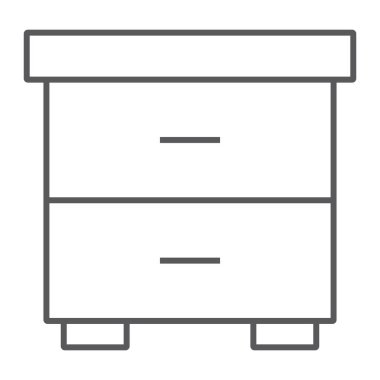 Komodinin ince çizgi simgesi, mobilya ve ev, başucu masa işareti, vektör grafikleri, Doğrusal model beyaz bir arka plan üzerinde.