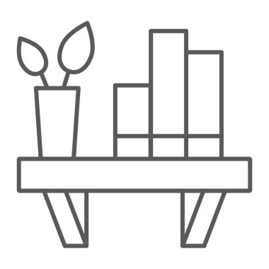 Raf ince çizgi simgesi, mobilya ve ev, bookshelf işareti, vektör grafikleri, Doğrusal model beyaz bir arka plan üzerinde.