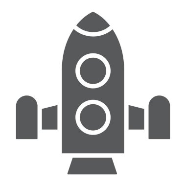 Roket glif simgesi, servisi ve astronomi, uzay gemisi işareti, vektör grafikleri, beyaz zemin üzerinde sağlam bir desen.