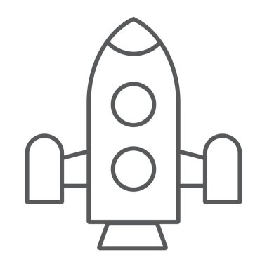 Roket ince çizgi simgesi, servisi ve astronomi, uzay gemisi işareti, vektör grafikleri, Doğrusal model beyaz bir arka plan üzerinde.