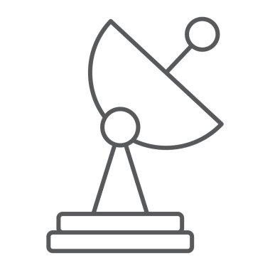 Radar ince çizgi simgesi, tv ve alıcı, uydu çanağı işareti, vektör grafikleri, Doğrusal model beyaz bir arka plan üzerinde.