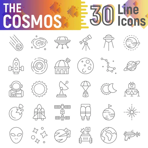 Cosmos conjunto de iconos de línea delgada, colección de símbolos espaciales, bocetos vectoriales, ilustraciones de logotipos, signos astronómicos paquete de pictogramas lineales aislados sobre fondo blanco . — Vector de stock