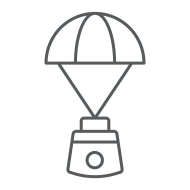 Kapsül paraşüt ince çizgi simgesi, uzay ve paraşüt işareti, vektör grafikleri, Doğrusal model beyaz bir arka plan üzerinde uzay keşif,.