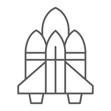 Uzay aracı ince çizgi simgesi, astronomi ve uzay gemisi, roket işareti, vektör grafikleri, Doğrusal model beyaz bir arka plan üzerinde.