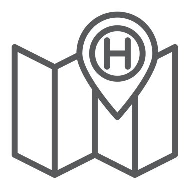 Otel konumu satırı simgesi, gezinti ve seyahat, harita ve PIN imzalayın, vektör grafikleri, Doğrusal model beyaz bir arka plan üzerinde.