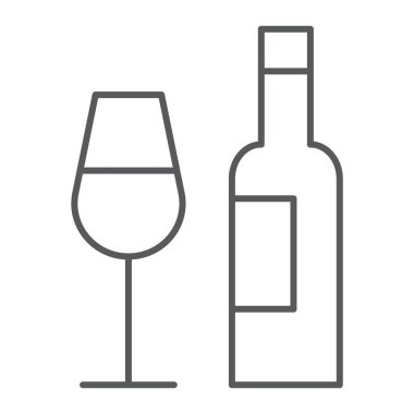 İnce çizgi simgesi, alkol ve İçecek şişe ve cam, vektör grafikleri, Doğrusal model beyaz bir arka plan üzerinde oturum.